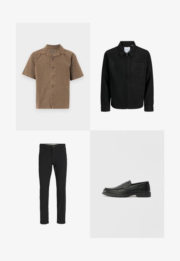 Giacca nera con zip, colletto e una tasca sul petto, mostrata su sfondo bianco.; Camicia a maniche corte in corduroy marrone, con colletto, bottoni frontali e vestibilità rilassata. Tessuto liscio con un lieve lucido.; Pantaloni neri in cotone misto con vestibilità slim, dotati di chiusura con bottone, tasche e orli arrotolati per un look informale.; Mocassini neri in pelle con una finitura liscia, parte superiore in stile mocassino, dettagli cuciti e suola in gomma. Design classico con tacco basso.