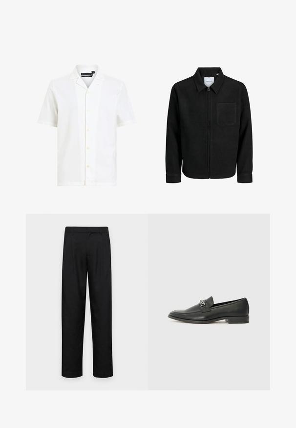 Giacca nera con zip, colletto e una tasca sul petto, mostrata su sfondo bianco.; Camicia bianca a maniche corte realizzata in tessuto morbido, con colletto a punte, sei bottoni sulla parte anteriore e una vestibilità rilassata.; Pantaloni neri realizzati in tessuto liscio, caratterizzati da un taglio dritto, due pieghe frontali e una vita standard con passanti per la cintura.; Mocassino in pelle nera con finitura liscia, caratterizzato da un design cucito e da un accento decorativo in catena metallica sul vamp. Tacco piatto.
