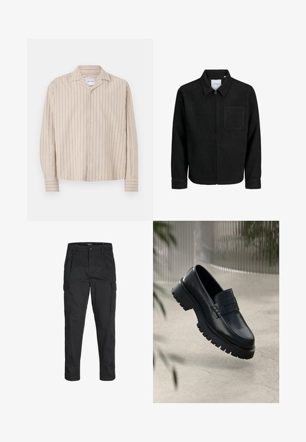 Musta vetoketjullinen takki, jossa on kaulus ja yksi rintatasku, esitelty valkoista taustaa vasten.; Vaaleanbeige pitkähihaisissa paidassa on tummansinisiä pystysuoria raitoja, napitettu etuosa ja kauluspainike. Se on valmistettu pehmeästä, teksturoidusta kankaasta.; Mustat cargo-housut, jotka on valmistettu kestävästä kankaasta. Housuissa on useita taskuja, nappisulku ja kapea istuvuus, jossa on kapenevat lahkeet.; Mustat nahka loaferit, joissa on paksu pohja, koristeellinen nauha ja ompelu yksityiskohtana. Liukas pinta kiiltävällä viimeistelyllä.