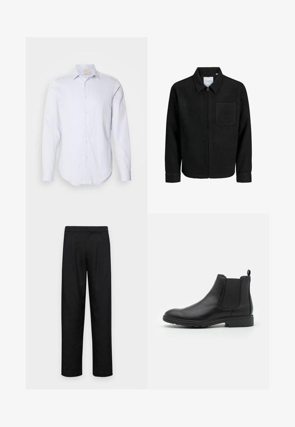 Zwarte zip-up jas met kraag en enkele borstzak, weergegeven op een witte achtergrond.; Lichtblauw en wit gestreept overhemd met lange mouwen, voorzien van een volledige knoopsluiting, puntige kraag en afgeronde zoom. Gemaakt van katoen, met een gladde textuur.; Zwarte broeken van gladde stof, met een recht model, twee voorknikken en een standaard tailleband met riemlussen.; Zwarte leren Chelsea-boot met elastische zijpanelen en een trekhaak, met een ronde neus en een gestructureerde rubberen zool.