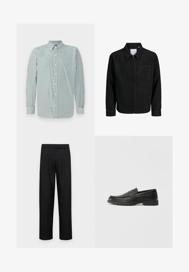 Black zip-up jacket with collar and single chest pocket, displayed on white background.; Striped button-up shirt in light green and white fabric, featuring a collar, long sleeves, and a single chest pocket. Vertical stripes pattern.; Black trousers made of smooth fabric, featuring a straight-leg design, two front pleats, and standard waistband with belt loops.; Black leather loafers with a smooth finish, moccasin-style upper, stitched detailing, and a rubber sole. Classic design with a low heel.