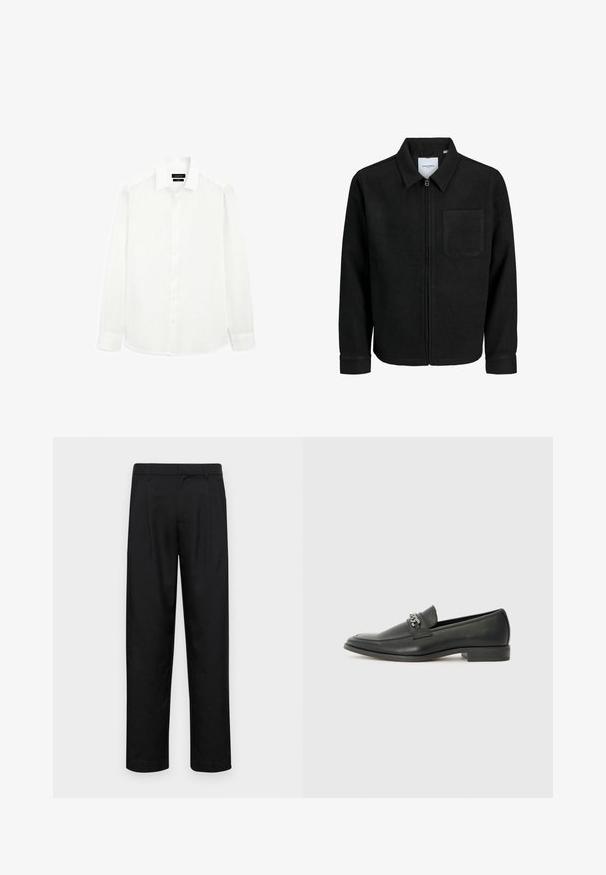 Schwarze Zip-Jacke mit Kragen und einer einzelnen Brusttasche, auf weißem Hintergrund präsentiert.; Weißes Langarmhemd mit klassischem Kragen, durchgehender Knopfleiste und geradem Saum. Hergestellt aus leichtem Material mit glatter Oberfläche.; Schwarze Hose aus glattem Stoff, mit geradem Bein Design, zwei vorderen Falten und einem Standardbund mit Gürtelschlaufen.; Schwarzer Lederloafer mit glatter Oberfläche, ausgestattet mit einer gesteppten Gestaltung und einem dekorativen Metallkettendetail über dem Vorderblatt. Flacher Absatz.