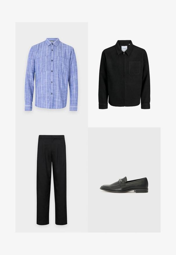 Fekete, zipzáros dzseki gallérral és egyetlen mellzsebbel, fehér háttéren.; Kék csíkozott, hosszúujjú ing, könnyű anyagból készült, gombos elülső részével, két mellzsebével és klasszikus gallér kialakítással.; Fekete nadrág sima anyagból, egyenes szárú fazonnal, két elülső redővel és közönséges derékkal, övhurkokkal.; Fekete bőr loaferek sima felülettel, varrott mintával és díszítő fém lánccal a cipő elején. Lapos sarok.