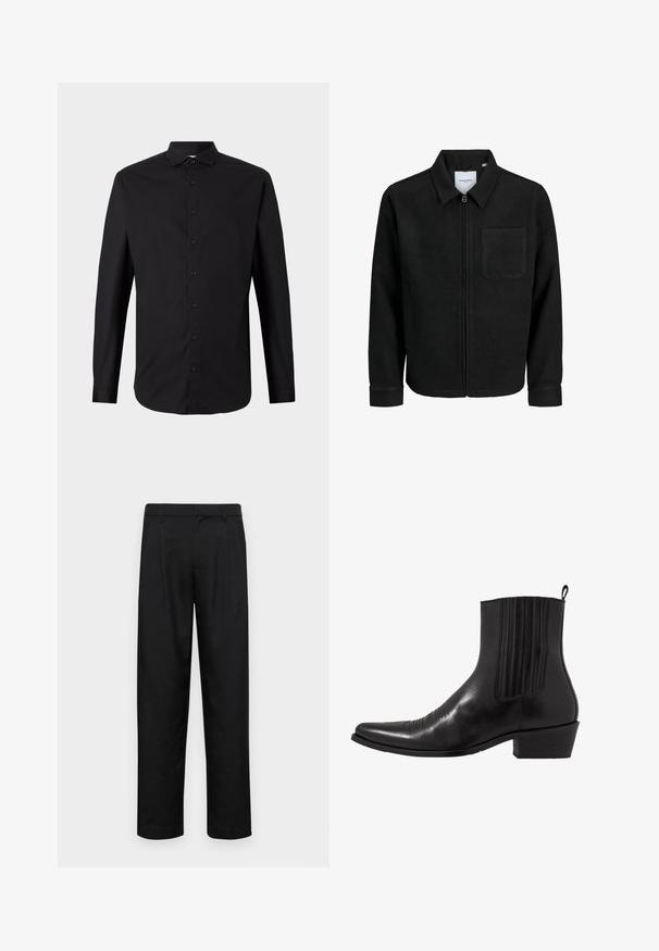 Giacca nera con zip, colletto e una tasca sul petto, mostrata su sfondo bianco.; Maglietta nera a maniche lunghe realizzata in tessuto intrecciato, con chiusura a bottoni, colletto e vestibilità classica. Texture liscia e design minimale.; Pantaloni neri realizzati in tessuto liscio, caratterizzati da un taglio dritto, due pieghe frontali e una vita standard con passanti per la cintura.; Stivale alla caviglia in pelle nera con punta affusolata, pannelli laterali elasticizzati, accenti di cuciture verticali e tacco a blocco basso.