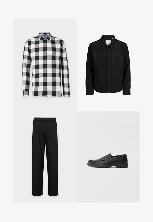 Sort lynlåsjakke med krave og en enkelt brystlomme, vist på hvid baggrund.; Langærmet skjorte i sort og hvid plaidmønster, lavet af stof med en glat tekstur. Har en knap-ned krave og knapper fortil.; Sorte bukser lavet af glat stof, med et lige ben-design, to frontfolder og en standard talje med bæltestropper.; Sorte læderslippers med en glat finish, mokkasin-stil overdel, syninger og gummisål. Klassisk design med en lav hæl.