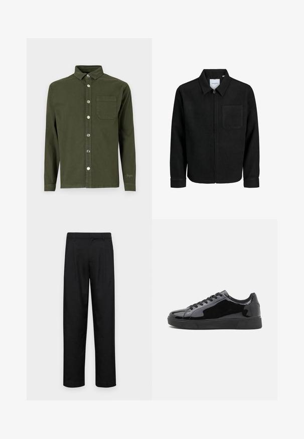 Čierna zipsová bunda s golierom a jednou náprsníkou, vystavená na bielom pozadí.; Denim Project STITCH DETAIL - Košeľa - duffel bag green; Čierne nohavice vyrobené z hladkej tkaniny, s rovnými nohavicami, dvoma prednými skladmi a štandardným pásom s pútkami na opasok.; Čierne lakované kožené tenisky s okrúhlou špičkou, plochou gumovou podrážkou a čiernymi šnúrkami. Hladký, lesklý povrch na hornej strane.