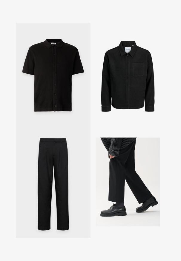 Schwarze Zip-Jacke mit Kragen und einer einzelnen Brusttasche, auf weißem Hintergrund präsentiert.; Schwarzes Poloshirt mit kurzen Ärmeln aus strukturiertem Gewebe, mit auffälliger Knopfleiste und klassischem Kragen. Verfügt über einen geraden Saum.; Schwarze Hose aus glattem Stoff, mit geradem Bein Design, zwei vorderen Falten und einem Standardbund mit Gürtelschlaufen.; Schwarze Lederschuhe mit einer runden Spitze, Schnürdesign und dicker, strukturierter Sohle. Getragen mit maßgeschneiderten schwarzen Hosen und einem gerippten Pullover.