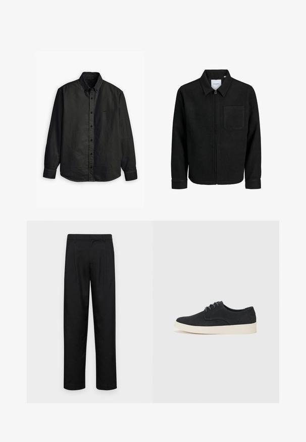 Mustaga lukuga jakker, millel on krae ja üks rinna-tasku, esitatud valgel taustal.; Levi's® AUTHENTIC BUTTON DOWN - Pluus - kincaid jet black garment dye; Mustad mustadest riietest, millel on sirge jalgade disain, kaks eesmist voltimist ja tavaline vöökoht, millel on vöökohad.; Must musta lakkidega kingad, ümarate varvastega, kerge kreemivärvi tallaga ning peene sinise õmblusega pealispinnal.