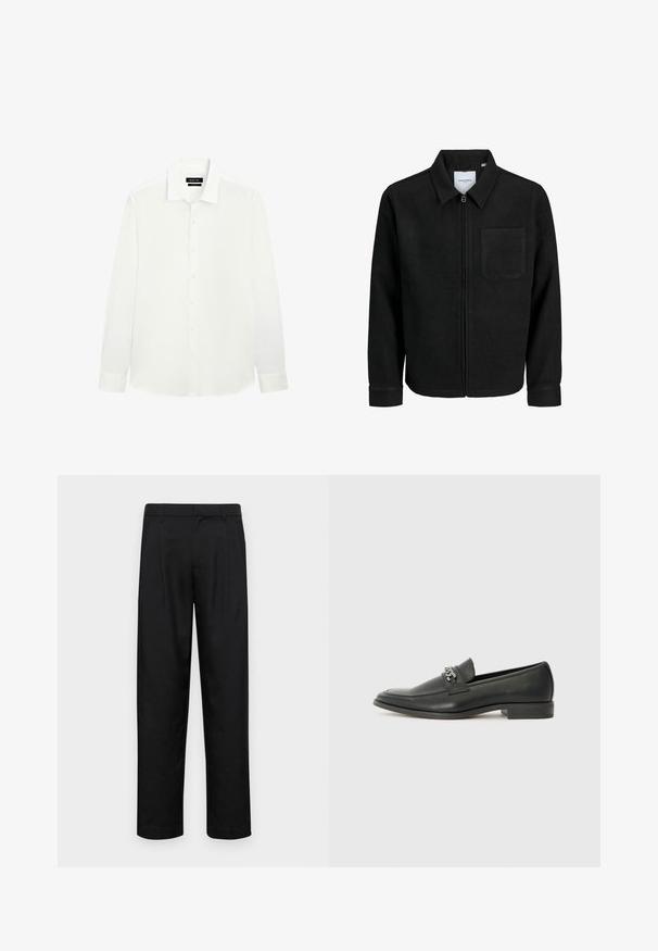 Schwarze Zip-Jacke mit Kragen und einer einzelnen Brusttasche, auf weißem Hintergrund präsentiert.; Weißes Langarmhemd mit klassischem Kragen, Knopfleiste und taillierten Manschetten. Glattes Material mit dezentem Glanz. Etikett am Kragen sichtbar.; Schwarze Hose aus glattem Stoff, mit geradem Bein Design, zwei vorderen Falten und einem Standardbund mit Gürtelschlaufen.; Schwarzer Lederloafer mit glatter Oberfläche, ausgestattet mit einer gesteppten Gestaltung und einem dekorativen Metallkettendetail über dem Vorderblatt. Flacher Absatz.