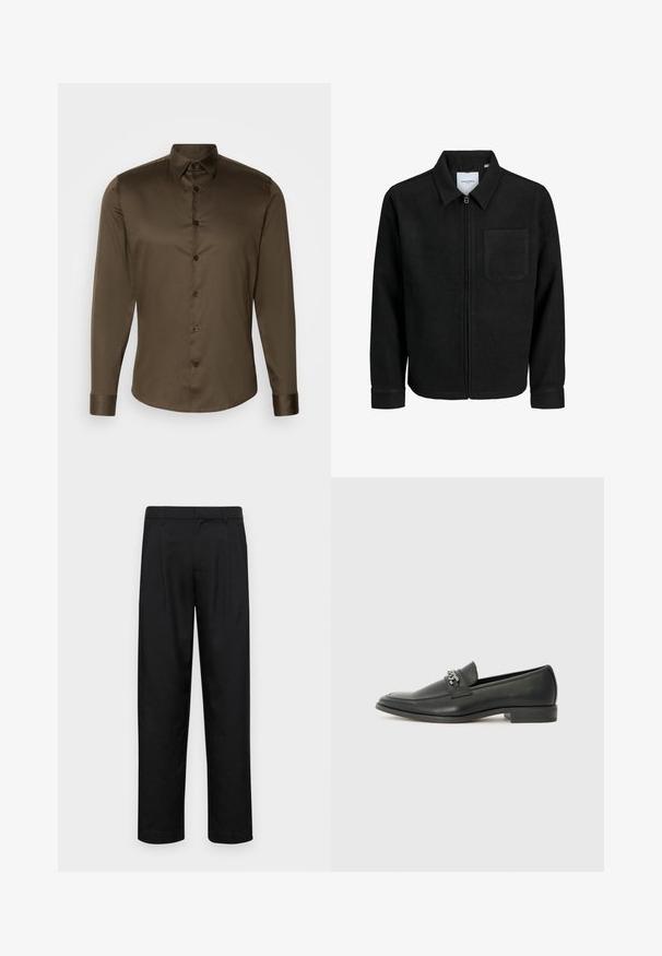 Fekete, zipzáros dzseki gallérral és egyetlen mellzsebbel, fehér háttéren.; Lindbergh PLAIN - Ing - dark brown; Fekete nadrág sima anyagból, egyenes szárú fazonnal, két elülső redővel és közönséges derékkal, övhurkokkal.; Fekete bőr loaferek sima felülettel, varrott mintával és díszítő fém lánccal a cipő elején. Lapos sarok.
