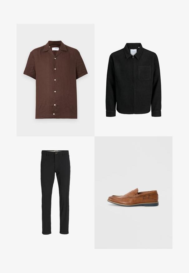 Juodas džemperis su užtrauktuku, apykakle ir vienu krūtiniu kišenėje, pristatytas baltame fone.; Trumpas rankovėmis, gumbinės marškiniai tamsiai rudos spalvos linine medžiaga. Yra įpjautas apykaklė ir penki šviesūs mygtukai priekyje. Lygi tekstūra.; Juodi medvilnės mišiniai kelnės su siauru siluetu, su mygtuko uždarymu, kišenėmis ir sukamučiais galais, suteikiančiais laisvalaikio stilių.; Rudoni odiniai loaf'eriai su apvalia nosimi, siuvinėtomis detalėmis ir žema guminėmis pakulne. Dizainas turi juostą per viršutinę dalį.