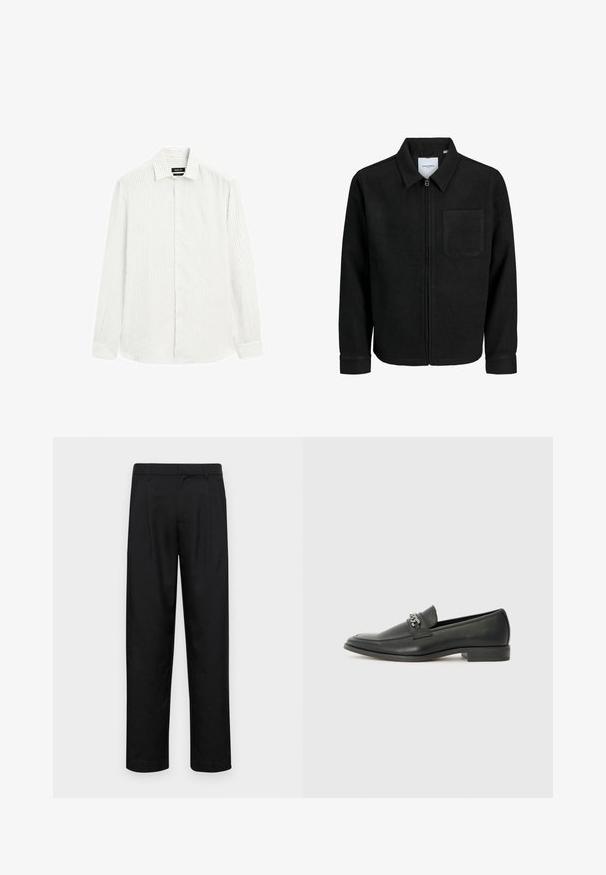 Schwarze Zip-Jacke mit Kragen und einer einzelnen Brusttasche, auf weißem Hintergrund präsentiert.; Langarmhemd in Hellgrau mit subtilen vertikalen Streifen. Button-down-Kragen, durchgängige Knopfleiste und Ein-Knopf-Manschetten. Strukturiert gewebter Stoff.; Schwarze Hose aus glattem Stoff, mit geradem Bein Design, zwei vorderen Falten und einem Standardbund mit Gürtelschlaufen.; Schwarzer Lederloafer mit glatter Oberfläche, ausgestattet mit einer gesteppten Gestaltung und einem dekorativen Metallkettendetail über dem Vorderblatt. Flacher Absatz.