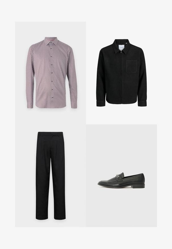 Schwarze Zip-Jacke mit Kragen und einer einzelnen Brusttasche, auf weißem Hintergrund präsentiert.; Langarm-Hemd mit Knöpfen in Weiß mit einem rot-blauen geometrischen Muster. Verfügt über einen Kragen, Manschetten und einen geraden Schnitt.; Schwarze Hose aus glattem Stoff, mit geradem Bein Design, zwei vorderen Falten und einem Standardbund mit Gürtelschlaufen.; Schwarzer Lederloafer mit glatter Oberfläche, ausgestattet mit einer gesteppten Gestaltung und einem dekorativen Metallkettendetail über dem Vorderblatt. Flacher Absatz.