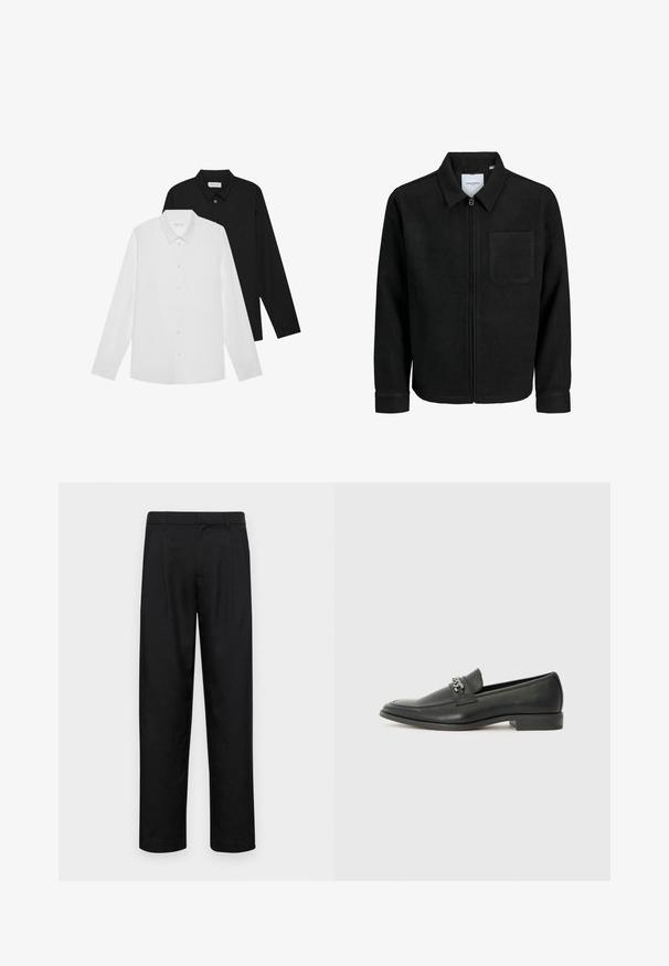 Chaqueta negra con cremallera y cuello, con un solo bolsillo en el pecho, expuesta sobre un fondo blanco.; Camisas de manga larga en blanco y negro con cuellos puntiagudos, botones frontales y una textura de tela suave. Etiquetas visibles en el interior del cuello.; Pantalones negros de tela suave, con un diseño de pierna recta, dos pliegues frontales y una cintura estándar con trabillas para el cinturón.; Mocasín de cuero negro con un acabado suave, que cuenta con un diseño de costura y un acento decorativo de cadena de metal en el empeine. Tacón plano.