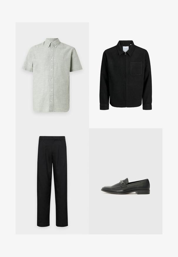 Giacca nera con zip, colletto e una tasca sul petto, mostrata su sfondo bianco.; Camicia di cotone a maniche corte, di colore verde chiaro, con colletto button-down, bottoni frontali e un piccolo dettaglio ricamato sul petto.; Pantaloni neri realizzati in tessuto liscio, caratterizzati da un taglio dritto, due pieghe frontali e una vita standard con passanti per la cintura.; Mocassino in pelle nera con finitura liscia, caratterizzato da un design cucito e da un accento decorativo in catena metallica sul vamp. Tacco piatto.