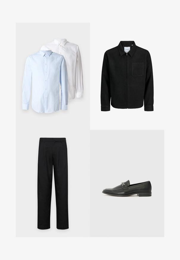 Melna jaka ar rāvējslēdzēju un apkakli, vienu krūšu kabatu, parādīta uz baltas fona.; Divi garajiem piedurknēm kreklu: viens gaiši zilā krāsā ar vertikālām svītrām, un viens vienkrāsains balts. Abiem ir pogu aizdare priekšpusē un apkakles detaļas.; Melnas bikses, izgatavotas no gludas auduma, ar taisnu kāju dizainu, divām priekšējām krokām un standarta jostu, kurai ir āķi.; Melna ādas loafer izmēra apavi ar gludu virsmu, piedāvā ar šūtu dizainu un dekoratīvu metāla ķēdes akcentu pār vampu. Plakana papēža daļa.