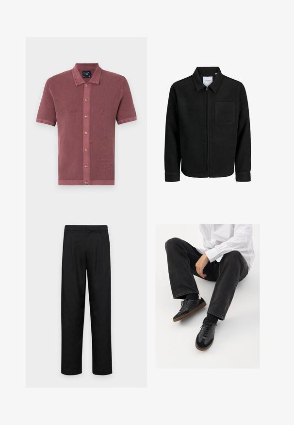 Schwarze Zip-Jacke mit Kragen und einer einzelnen Brusttasche, auf weißem Hintergrund präsentiert.; Kurzärmliges, strukturiertes Polohemd in staubigem Rosé, mit einer Knopfleiste aus Holzknöpfen und einem kontrastierenden Kragen.; Schwarze Hose aus glattem Stoff, mit geradem Bein Design, zwei vorderen Falten und einem Standardbund mit Gürtelschlaufen.; Schwarze Sneakers mit einer glatten und strukturierten Oberfläche, ausgestattet mit einer Gummisohle und dunklen Schnürsenkeln. Kombiniert mit schwarzen Jeans und einem gestreiften weißen Hemd.