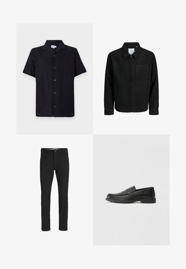 Schwarze Zip-Jacke mit Kragen und einer einzelnen Brusttasche, auf weißem Hintergrund präsentiert.; Schwarzes Kurzarmhemd aus leichtem Stoff. Verfügt über einen kragenlosen Ausschnitt und eine Frontknopfleiste mit fünf Knöpfen in der Mitte.; Schwarze Baumwollmischungshose mit schmalem Schnitt, gekennzeichnet durch einen Knopfverschluss, Taschen und umgeschlagenen Säumen für einen lässigen Abschluss.; Schwarze Lederloafers mit glatter Oberfläche, Mokassin-oberteil, genähten Details und Gummisohle. Klassisches Design mit niedrigem Absatz.