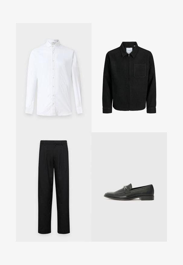 Giacca nera con zip, colletto e una tasca sul petto, mostrata su sfondo bianco.; Camicia bianca a maniche lunghe con bottoni, realizzata in cotone, con colletto classico, taglio dritto e texture liscia con bottoni abbinati.; Pantaloni neri realizzati in tessuto liscio, caratterizzati da un taglio dritto, due pieghe frontali e una vita standard con passanti per la cintura.; Mocassino in pelle nera con finitura liscia, caratterizzato da un design cucito e da un accento decorativo in catena metallica sul vamp. Tacco piatto.
