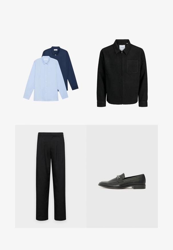 Schwarze Zip-Jacke mit Kragen und einer einzelnen Brusttasche, auf weißem Hintergrund präsentiert.; Zwei langärmelige Hemden: eines hellblau und eines marineblau. Beide verfügen über eine Knopfleiste, einen Kentkragen und eine glatte Stofftextur.; Schwarze Hose aus glattem Stoff, mit geradem Bein Design, zwei vorderen Falten und einem Standardbund mit Gürtelschlaufen.; Schwarzer Lederloafer mit glatter Oberfläche, ausgestattet mit einer gesteppten Gestaltung und einem dekorativen Metallkettendetail über dem Vorderblatt. Flacher Absatz.