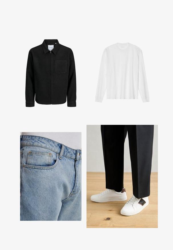 Mustaga lukuga jakker, millel on krae ja üks rinna-tasku, esitatud valgel taustal.; Pika, pikkide varrukatega valge puuvillane T-särk, millel on ümar kaelus ja soonikkoes mansetid. Lihtne, kaunistusteta disain, mis hõlmab siledat tekstuuri ja standardset sobivust.; Heledad sinine denimpüksid klassikalise lõikega, tagatasku, kontrastõmblused ja sile tekstuur.; Valged sneakersid siledat tekstuurist, millel on pruunad nahast detailid ja mustad aksessuaarid, millele on sobitatud mustad kohandatud püksid. Puitpõranda taust.