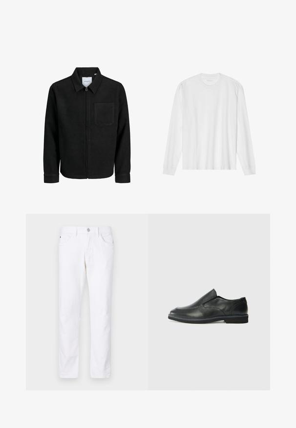 Fekete, zipzáros dzseki gallérral és egyetlen mellzsebbel, fehér háttéren.; Hosszú ujjú fehér pamut póló, kerek nyakkivágással és bordázott mandzsettákkal. Egyszerű, díszítés nélküli dizájn, sima tapintással és normál fazonnal.; Fehér pamut farmernadrág egyenes lábbal, gombos záródással, öt zsebbel és diszkrét varrási részletekkel.; Fekete bőr, slip-on cipő sima felsőrésszel, varrott díszítéssel, lekerekített orral és alacsony gumitalppal. A talpa minimális bordázattal rendelkezik.