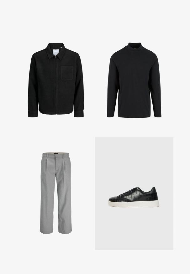 Jachetă neagră cu fermoar, cu guler și un singur buzunar pe piept, expusă pe fundal alb.; Top negru cu mânecă lungă, cu un design cu guler înalt, realizat dintr-un material moale cu o textură netedă și o croială lejeră.; Pantaloni gri deschis dintr-un material texturat, cu pliuri în față, picioare drepte și un talie standard pentru închidere.; Tenisi negri cu un exterior din piele texturată imitată crocodil, vârf rotund și o talpă din cauciuc alb contrastant, cu un finisaj neted.