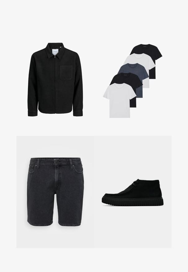 Čierna zipsová bunda s golierom a jednou náprsníkou, vystavená na bielom pozadí.; Sada piatich tričiek v čiernej, bielej a námorníckej modrej farbe. Bavlnený materiál, krátke rukávy, dizajn s okrúhlym výstrihom a hladká textúra bez vzorov.; Čierne denimové šortky s klasickým dizajnom, obsahujúce predné zapínanie na gombík, pútka na opasok a štýl s piatimi vreckami. Mierne vyblednutá textúra.; Čierne členkové čižmy vyrobené z mäkkého materiálu, so zaoblenou špičkou, minimálnym šnurovaním a textúrovanou gumovou podrážkou s vertikálnymi drážkami.
