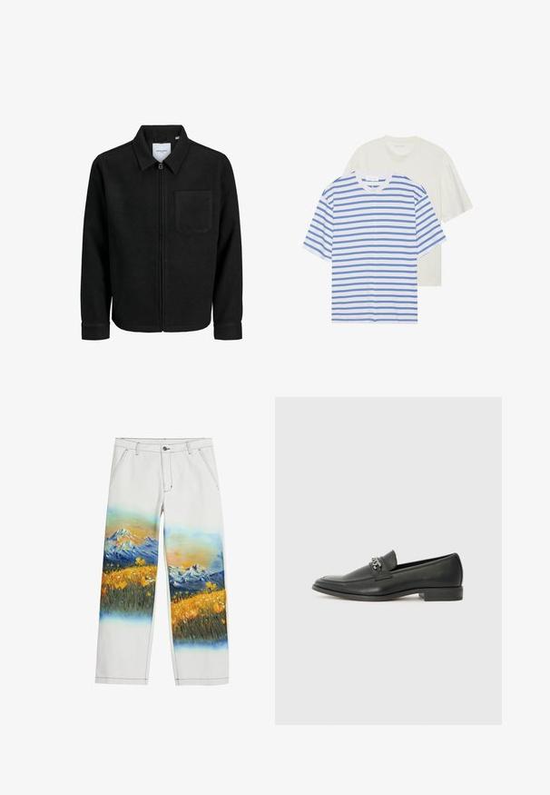 Jachetă neagră cu fermoar, cu guler și un singur buzunar pe piept, expusă pe fundal alb.; Două tricouri cu mânecă scurtă: unul alb cu dungi albastre și unul solid de culoare crem deschis. Material din bumbac moale, design cu gât rotund, croială lejeră.; Desigual LANDSCAPE - Pantaloni - white; Pantofii negri din piele cu un finisaj neted, având un design cusut și un accent decorativ de lanț metalic peste partea de sus. Toc plat.