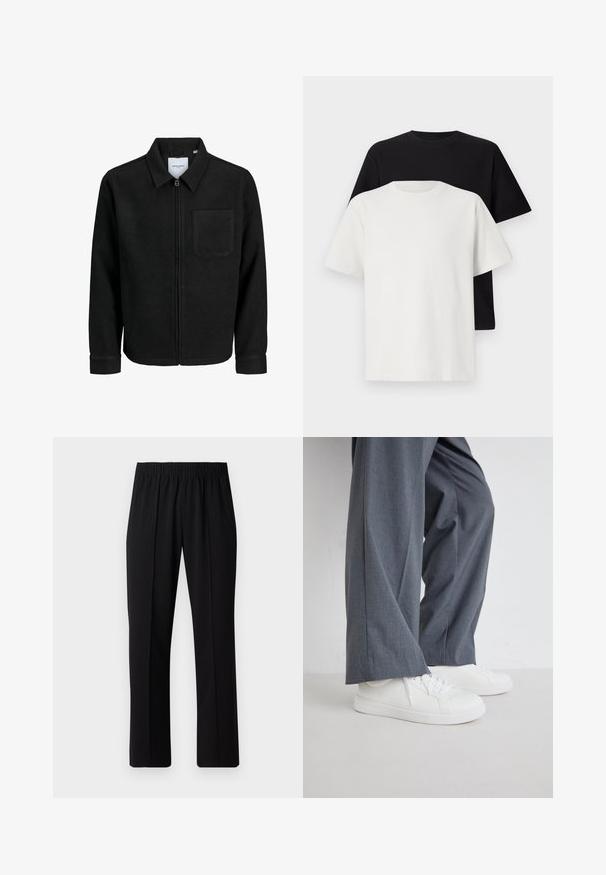 Fekete, zipzáros dzseki gallérral és egyetlen mellzsebbel, fehér háttéren.; Pamut póló szett, amely egy fekete és egy fehér pólót tartalmaz, mindkettő rövid ujjú, környakú és normál fazonú. Texturált anyag.; Fekete, gumíros derekú nadrág egyenes szabással, sima felülettel, látható minták vagy fémrészek nélkül.; Szürke, bő szárú nadrág fehér, textúrált sportcipővel párosítva. A sportcipők sima talppal és fűzős kialakítással rendelkeznek.