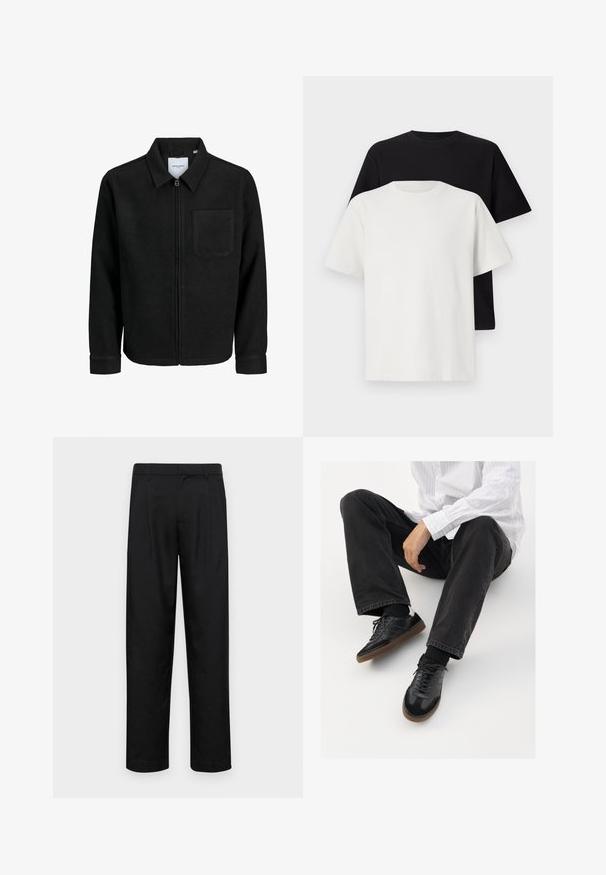 Musta vetoketjullinen takki, jossa on kaulus ja yksi rintatasku, esitelty valkoista taustaa vasten.; Setti puuvillapaitoja, joissa on musta ja valkoinen paita, molemmat lyhythihaisilla, pyöreällä kaula-aukolla ja normaalilla istuvuudella. Teksturoitu kangas.; Mustat housut, jotka on valmistettu sileästä kankaasta, suoran lahkeen muotoilulla, kahdella etupleekillä ja tavanomaisella vyötäröllä, jossa on vyölenkit.; Mustat tennarit, joissa on sileä ja teksturoitu päällyste, varustettuna kumipohjalla ja tummilla nauhoilla. Yhdistetty mustiin farkkuihin ja valko-raitaiseen paitaan.