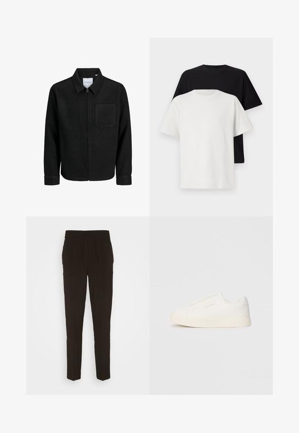 Črna jakna z zadrgo in ovratnikom ter enim žepom na prsih, prikazana na beli podlagi.; Set bombažnih majic, ki vključuje črno in belo majico, obe z kratkimi rokavi, okroglim izrezom in standardnim krojem. Teksturirana tkanina.; Črne dolge tapered hlače iz mehke, gladke tkanine. Imajo elastičen pas z vrvico za prilagodljivo prileganje.; Bele zapete brez vezalk z teksturirano površino, debelim podplatom in minimalističnim dizajnom. Na strani se nahaja logotip blagovne znamke.