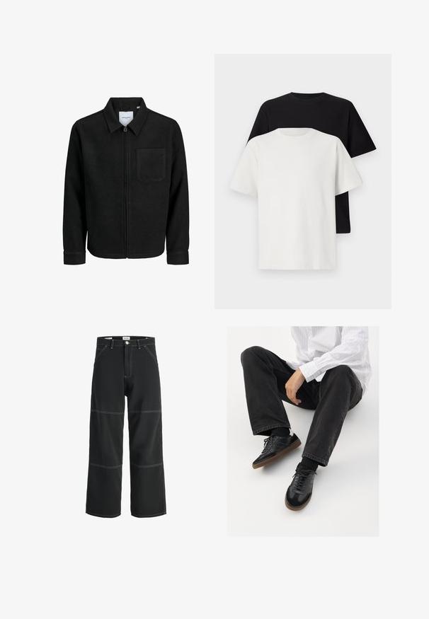 Črna jakna z zadrgo in ovratnikom ter enim žepom na prsih, prikazana na beli podlagi.; Set bombažnih majic, ki vključuje črno in belo majico, obe z kratkimi rokavi, okroglim izrezom in standardnim krojem. Teksturirana tkanina.; Črne široke hlače iz trpežnega blaga, z belimi kontrastnimi šivi, dvema sprednjima žepoma in zapiranjem na en gumb v pasu.; Črne superge z gladkim in strukturiranim zgornjim delom, ki vključuje gumijast podplat in temne vezalke. Uvrščene so z štručasto črnimi kavbojkami in belo črtasto majico.