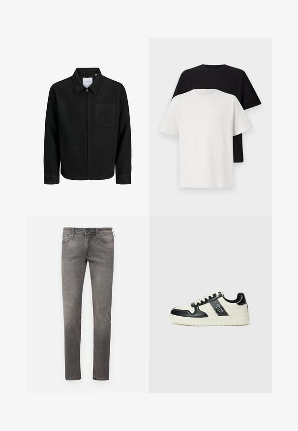 Melna jaka ar rāvējslēdzēju un apkakli, vienu krūšu kabatu, parādīta uz baltas fona.; Kokvilnas T-kreklu komplekts, kas sastāv no melna un baltā T-krekla, abi ar īsām piedurknēm, apaļu kakla izgriezumu un standarta piegriezumu. Faktūras audums.; Izbalējuši pelēki džinsi ar ciešu piegriezumu, pieci kabatas un kontrastējoša šuvuma detaļas. Iekļauta rāvējslēdzēja atvēršana un jostas cilpas. Minimālistisks dizains.; Ādas sporta apavi ar melnbaltu krāsu shēmu, ar perforētiem akcentiem, mīkstinātu apkakli un teksturētu zoli.