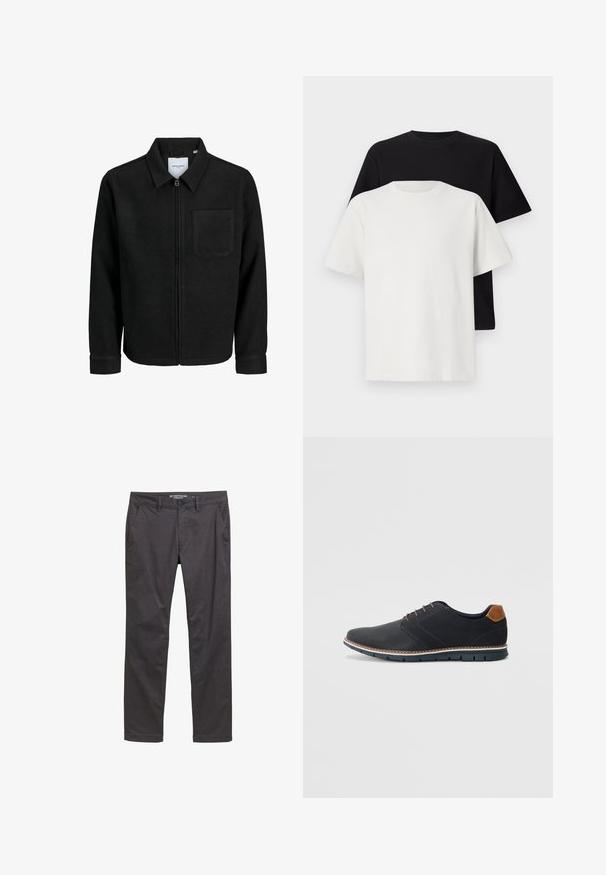 Crna jakna na zip s ovratnikom i jednim džepom na prsima, prikazana na bijeloj pozadini.; Set pamučnih majica koji uključuje crnu i bijelu majicu, obje s kratkim rukavima, okruglim izrezom i klasičnim krojem. Tekstura tkanine.; Tamno sive chinos hrapave teksture, s dva bočna džepa, jednim stražnjim džepom i gumbom za zatvaranje u struku.; Crne sintetičke cipele s teksturiranim gornjim dijelom, glatkim akcentima, smešnim petom i kontrastnom potplatom. Imaju minimalne vezice i detalje šivanja.