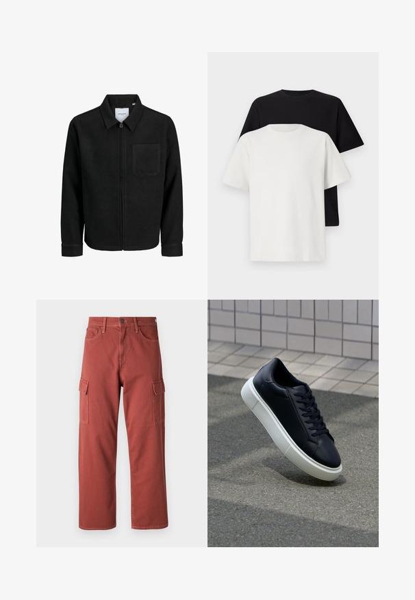 Czarna kurtka z zamkiem na całej długości, z kołnierzem i jedną kieszenią na piersi, umieszczona na białym tle.; Zestaw bawełnianych t-shirtów zawierający czarną i białą koszulkę, obie z krótkimi rękawami, okrągłym dekoltem i standardowym krojem. Teksturowana tkanina.; Spodnie cargo w kolorze czerwonobrązowym, wykonane z mocnego materiału, z kieszeniami bocznymi, prostymi nogawkami i widocznymi detalami szycia.; Czarne skórzane sneakersy z okrągłym noskiem i białą gumową podeszwą. Posiadają płaskie sznurowadła i minimalne przeszycia na cholewce. Teksturowana podeszwa zapewnia przyczepność.