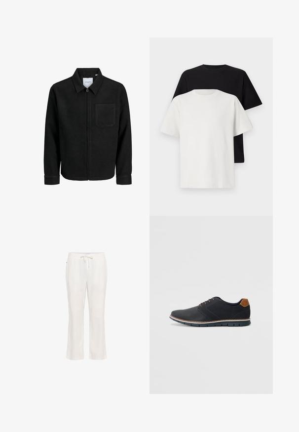 Svart zip-jacka med krage och en enda bröstficka, visad på vit bakgrund.; Set med bomullströjor som inkluderar en svart och en vit topp, båda med korta ärmar, rund halsringning och standard passform. Strukturerad tyg.; Lätta, vita linnebyxor med elastisk midja och snörning. Rakt ben-design med en jämn textur och inga märkbara mönster.; Svarta syntetiska skor med en strukturerad ovandel, släta detaljer, brun klack och en kontrasterande sula. Har minimal snörning och sömdetaljer.