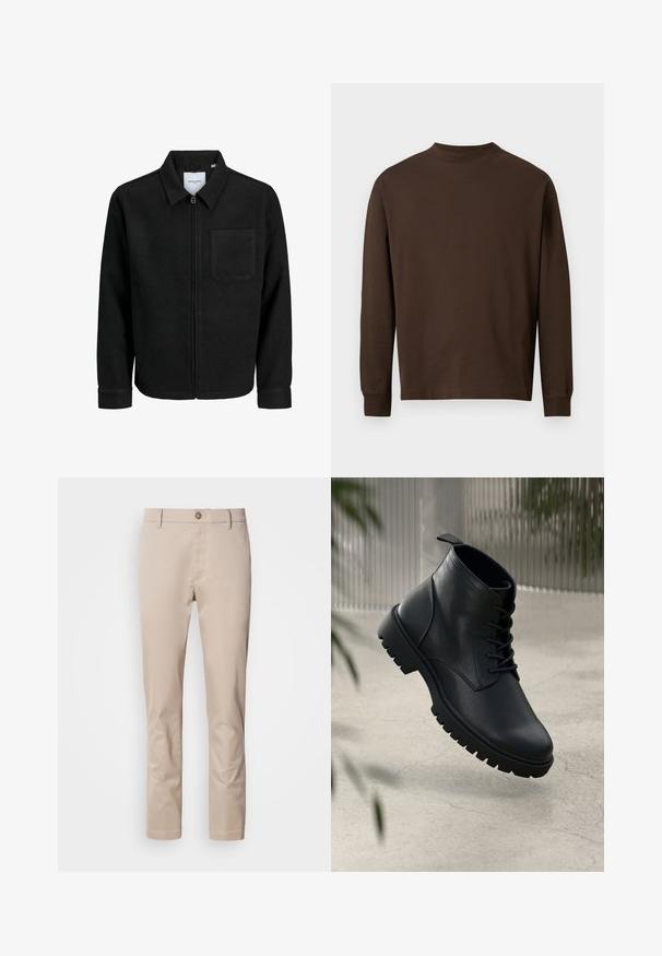 Černá zipová bunda s límečkem a jednou kapsou na hrudi, vystavená na bílém pozadí.; Hnědá dlouhý rukáv košile vyrobená z měkké látky, s kulatým výstřihem a rovný střihem, bez viditelných vzorů nebo kovových prvků.; Bežové bavlněné chinos kalhoty s rovně střiženým fit, poutky na pásek, jedním předním knoflíkem a hladkým, beztexturovaným povrchem. Žádné kapsy nejsou viditelné.; Černé kožené kotníkové boty s kulatou špičkou, šněrovacím designem a robustní gumovou podrážkou. Hladký povrch s poutkem na zadní straně.