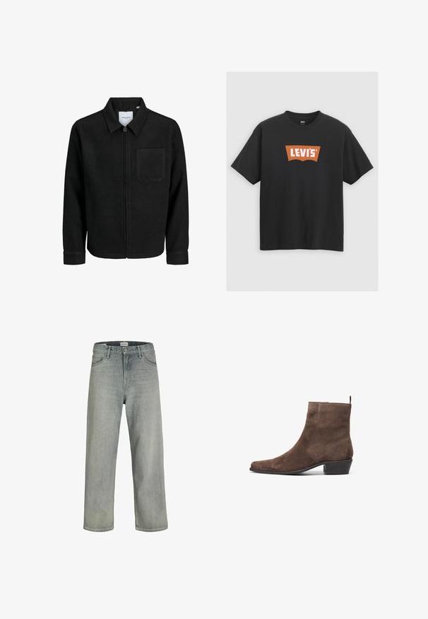 Mustaga lukuga jakker, millel on krae ja üks rinna-tasku, esitatud valgel taustal.; Must noirest T-särk, millel on ees suur oranž Levi's logo, lühikesed varrukad ja ümar kaelus.; Heledad hallhallid, laia lõikega denimist teksased. Omavad klassikalist viie tasku disaini, vööloopse ja sirget säärelõiget.; Pruunist nubuk nahast pahkluu saapad, terava nina, madal ploki konts ning taga olev tõmbeliist mugavaks selga panekuks. Sile tekstuur ja lihtne disain.
