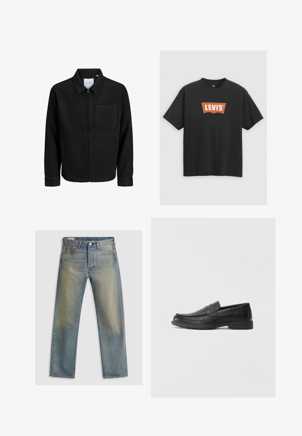 Mustaga lukuga jakker, millel on krae ja üks rinna-tasku, esitatud valgel taustal.; Must noirest T-särk, millel on ees suur oranž Levi's logo, lühikesed varrukad ja ümar kaelus.; Heledad sinise teksariided otse lõikega, millel on tuhm pesu, metallne nupuga sulgemine ja oranžad õmblused taskutel.; Musthave nahkkingad siledast nahast, mokassiini stiilis ülevalt, tikanditega ja kummist tallaga. Klassikaline disain madala kontsaga.