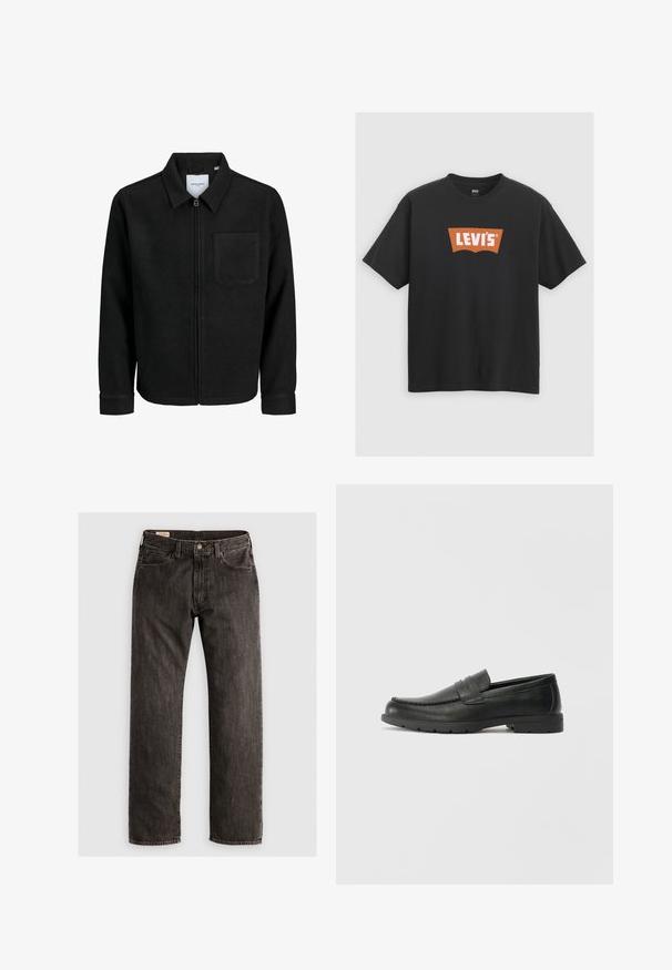 Sort lynlåsjakke med krave og en enkelt brystlomme, vist på hvid baggrund.; Sort bomulds t-shirt med et stort orange Levi's logo på forsiden, korte ærmer og rund halskrave.; Sorte denim jeans med lige ben, knap- og lynlås lukning, for- og baglommer samt bæltesløjfer.; Sorte læderslippers med en glat finish, mokkasin-stil overdel, syninger og gummisål. Klassisk design med en lav hæl.
