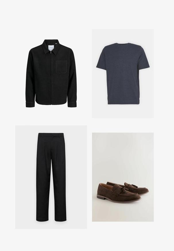 Schwarze Zip-Jacke mit Kragen und einer einzelnen Brusttasche, auf weißem Hintergrund präsentiert.; Marineblaue Rundhals-T-Shirt aus weichem Baumwollmischgewebe, mit kurzen Ärmeln und normaler Passform. Keine sichtbaren Muster oder Akzente.; Schwarze Hose aus glattem Stoff, mit geradem Bein Design, zwei vorderen Falten und einem Standardbund mit Gürtelschlaufen.; Braune Wildleder-Loafer mit einer Schleifenakzentuierung, runder Zehenform und strukturierten Oberfläche. Niedriger gestapelter Absatz und kontrastierende Nähte.