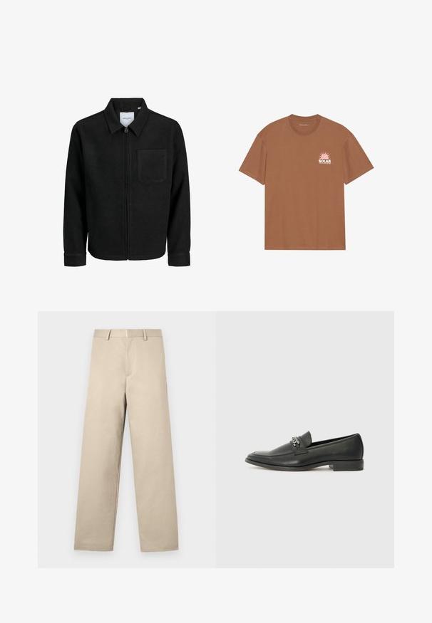 Mustaga lukuga jakker, millel on krae ja üks rinna-tasku, esitatud valgel taustal.; Pruun lühikeste varrukatega T-särk, mis on valmistatud puuvillast, sisaldab roosa päikese graafikat ja "SOLAR" teksti vasakul rinnal. Ümmarguse kaelusega disain.; Beige püksid, millel on sirge jalgade disain, lame esiosa, kaks külge taskut ja tõmblukk. Valmistatud siledast puuvillast kangast.; Must haveate nahkking punased, millel on sile viimistlus, tikitud muster ja dekoratiivne metallkett vampi üle. Tasane konts.