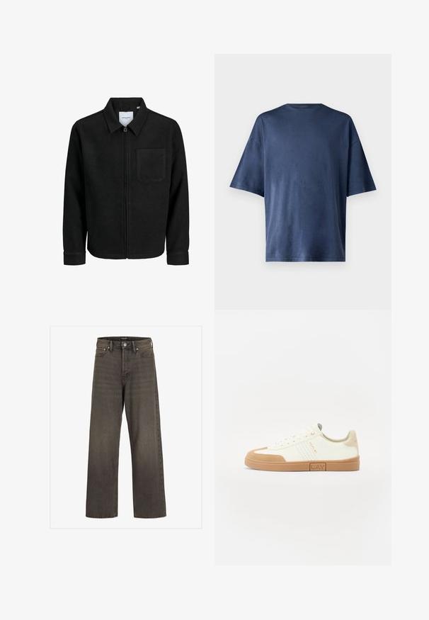 Giacca nera con zip, colletto e una tasca sul petto, mostrata su sfondo bianco.; Maglietta a maniche corte blu navy, realizzata in un tessuto morbido, presenta un classico colletto girocollo e una vestibilità comoda, senza motivi o dettagli visibili.; Jeans a gamba larga in denim grigio scuro, con vita alta, design classico a cinque tasche e cuciture a contrasto lungo le cuciture.; Sneakers bianchi con dettagli in suede color biscotto, punta arrotondata, pannelli laterali perforati, design con lacci e suola in gomma con etichetta del marchio.