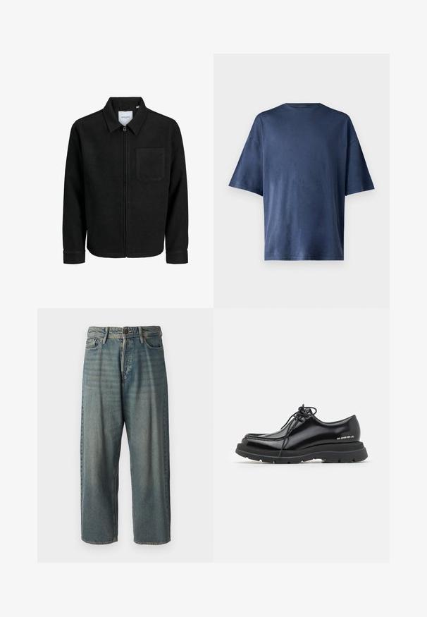Črna jakna z zadrgo in ovratnikom ter enim žepom na prsih, prikazana na beli podlagi.; Temno modra kratka majica s kratkimi rokavi, izdelana iz mehkega materiala, ima klasičen kroj ovratnika in sproščen fit, brez vidnih vzorcev ali poudarkov.; Svetlomoderne kavbojke z ohlapnim krojem, srednjim pasom in ravnimi nogami. Imajo pet žepov, zanke za pas in zapiranje na gumb.; Črne usnjene oblečne čevlje z zaobljenim prstom, debelim gumijastim podplatom, vezalnim oblikovanjem in značilnim šivom ob robu.