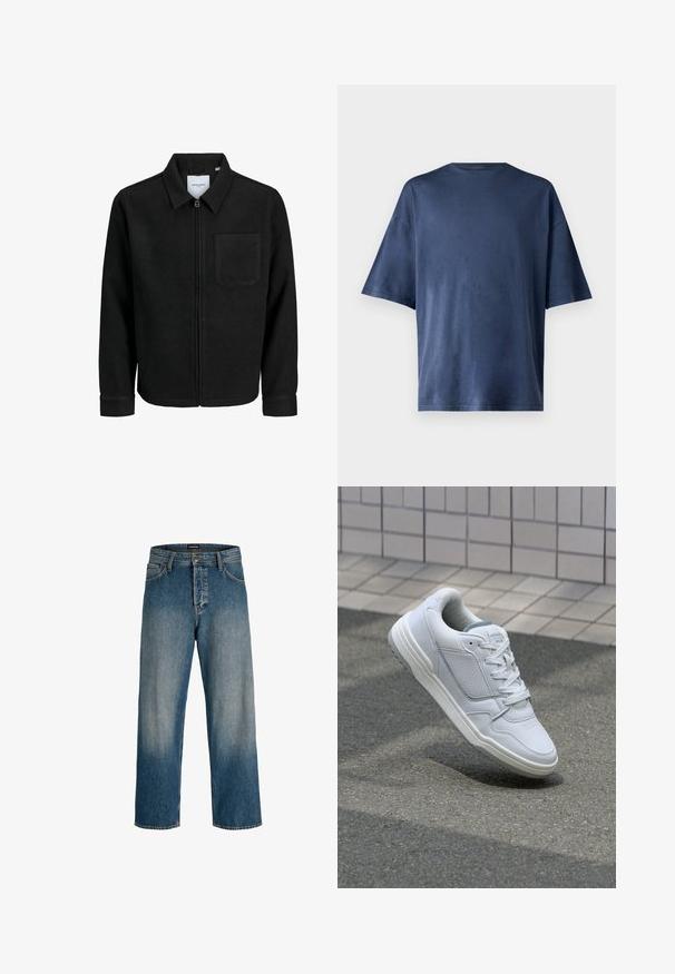 Črna jakna z zadrgo in ovratnikom ter enim žepom na prsih, prikazana na beli podlagi.; Temno modra kratka majica s kratkimi rokavi, izdelana iz mehkega materiala, ima klasičen kroj ovratnika in sproščen fit, brez vidnih vzorcev ali poudarkov.; Modri traper hlače z udobno prilegajočim krojem, naravnost krojenimi nogami, rahlo svetlejšimi odtenki in oznako blagovne znamke na pasu za poudarek.; Bela usnjena superga s perforiranimi stranicami, teksturiranimi detajli, ravnimi vezalkami in kontrastno sivo peto. Ima rahlo dvignjen podplat.