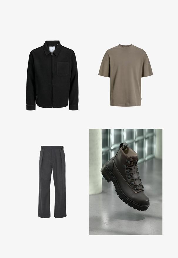 Czarna kurtka z zamkiem na całej długości, z kołnierzem i jedną kieszenią na piersi, umieszczona na białym tle.; Bawełniany t-shirt w stonowanej oliwkowej zieleni; ma okrągły dekolt, krótkie rękawy oraz luźny krój z minimalnymi detalami przeszycia.; Spodnie szerokie w kolorze ciemnoszarym, wykonane z gładkiego materiału, z plisowanym przodem i regulowanymi paskami po bokach dla lepszego dopasowania.; Brązowy skórzany but trekkingowy z wysoką cholewką, solidną gumową podeszwą, metalowymi oczkami i przeszyciami jako ozdobami. Posiada pętlę do łatwego zakładania z tyłu.