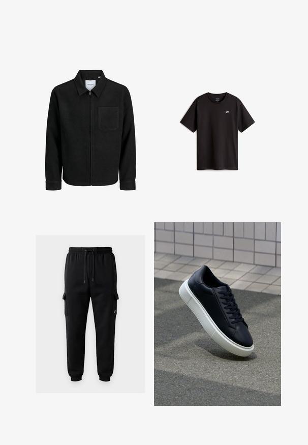 Svart zip-jacka med krage och en enda bröstficka, visad på vit bakgrund.; Svart bomullströja med korta ärmar och rundad hals. Har en liten vit skateboardlogotyp på bröstet. Enkel design och snitt.; Svarta cargobyxor i mjukt material, med elastisk midja och dragsko, sidofickor och ribbade fållar.; Svart lädersneaker med rundad tå och vit gummisula. Har platta snören och minimal sömnad på ovansidan. Texturerad sula för grepp.