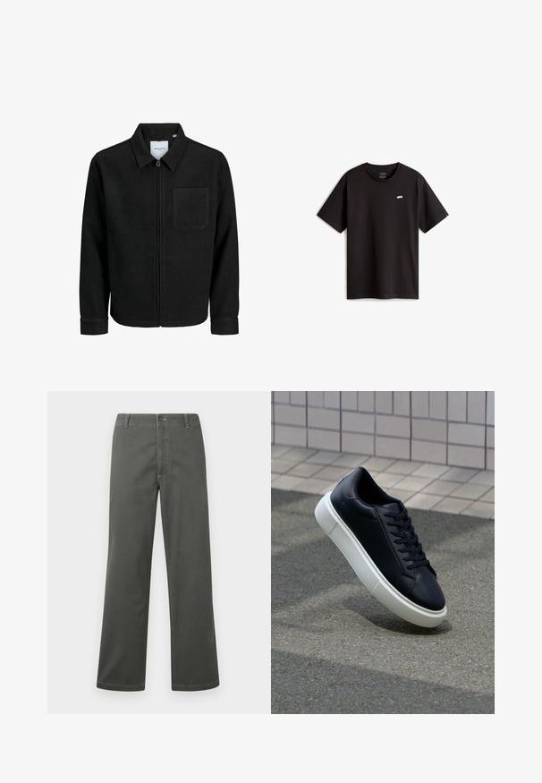 Černá zipová bunda s límečkem a jednou kapsou na hrudi, vystavená na bílém pozadí.; Černé bavlněné tričko s krátkým rukávem a kulatým výstřihem. Na hrudi se nachází malé bílé logo skateboardu. Jednoduchý design a střih.; Šedé kalhoty s širokými nohavicemi vyrobené z bavlněné směsi, které mají klasický pětiosý design a přední zapínání na knoflík, s kontrastními stehy.; Černé kožené tenisky s kulatou špičkou a bílou gumovou podrážkou. mají ploché tkaničky a minimální šití na svršku. Texturovaná podrážka pro lepší přilnavost.