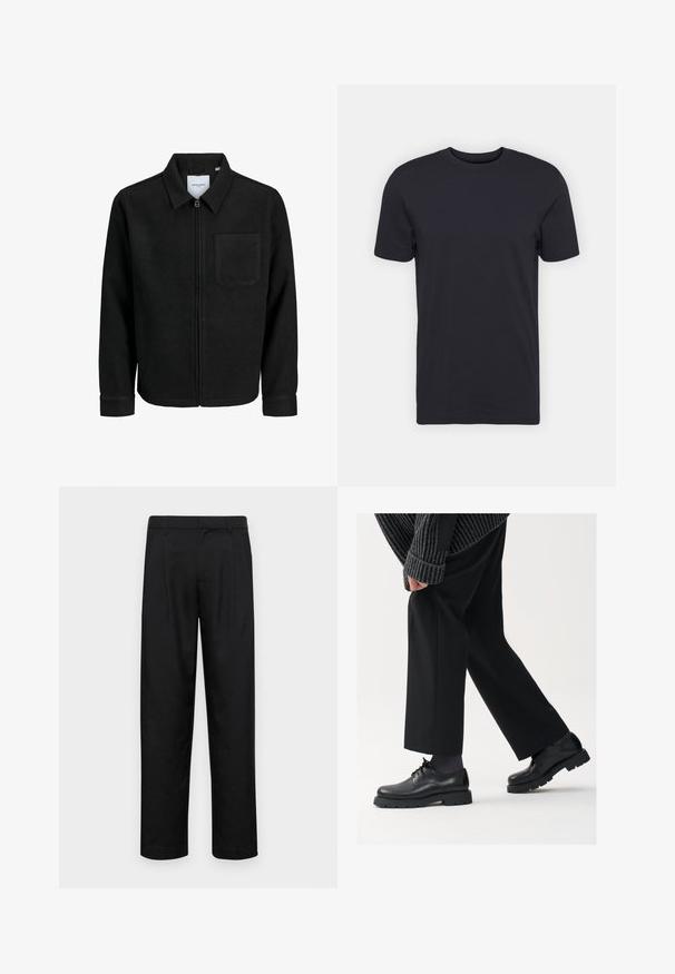 Giacca nera con zip, colletto e una tasca sul petto, mostrata su sfondo bianco.; T-shirt di cotone nero, maniche corte, scollo rotondo, colore uniforme, tessuto leggero, superficie liscia, senza motivi o grafiche visibili.; Pantaloni neri realizzati in tessuto liscio, caratterizzati da un taglio dritto, due pieghe frontali e una vita standard con passanti per la cintura.; Scarpe in pelle nera con punta arrotondata, design con lacci e suola spessa e texture. Indossate con pantaloni neri su misura e un maglione a coste.